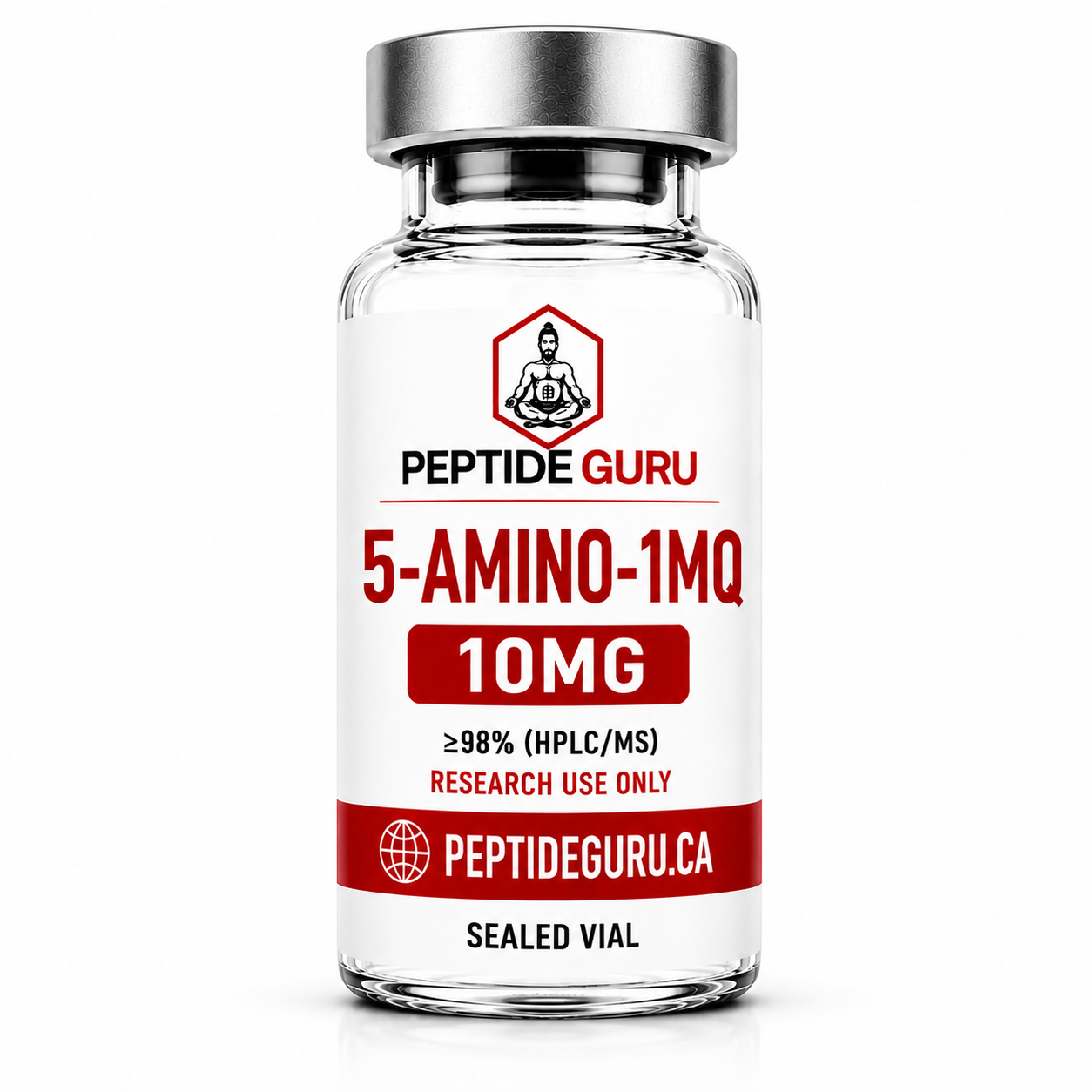 5-Amino-1MQ 10mg — labelled vial of 5-Amino-1MQ, 10mg / vial, for laboratory research use only