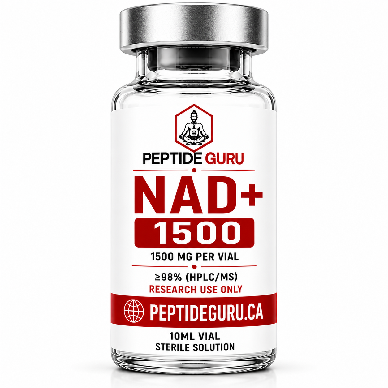 NAD+ 1500mg — labelled vial of NAD+ (Nicotinamide Adenine Dinucleotide), 1500mg / 10ml sterile vial, for laboratory research use only