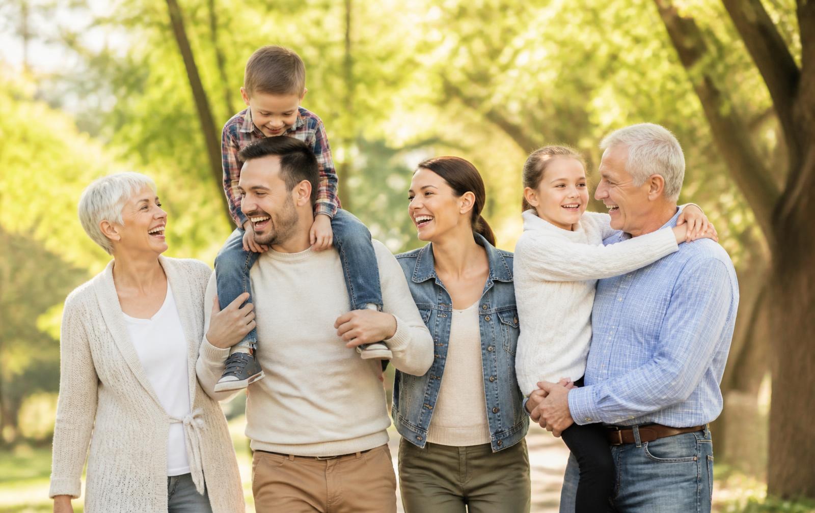 Happy, healthy multigenerational family walking together outdoors
