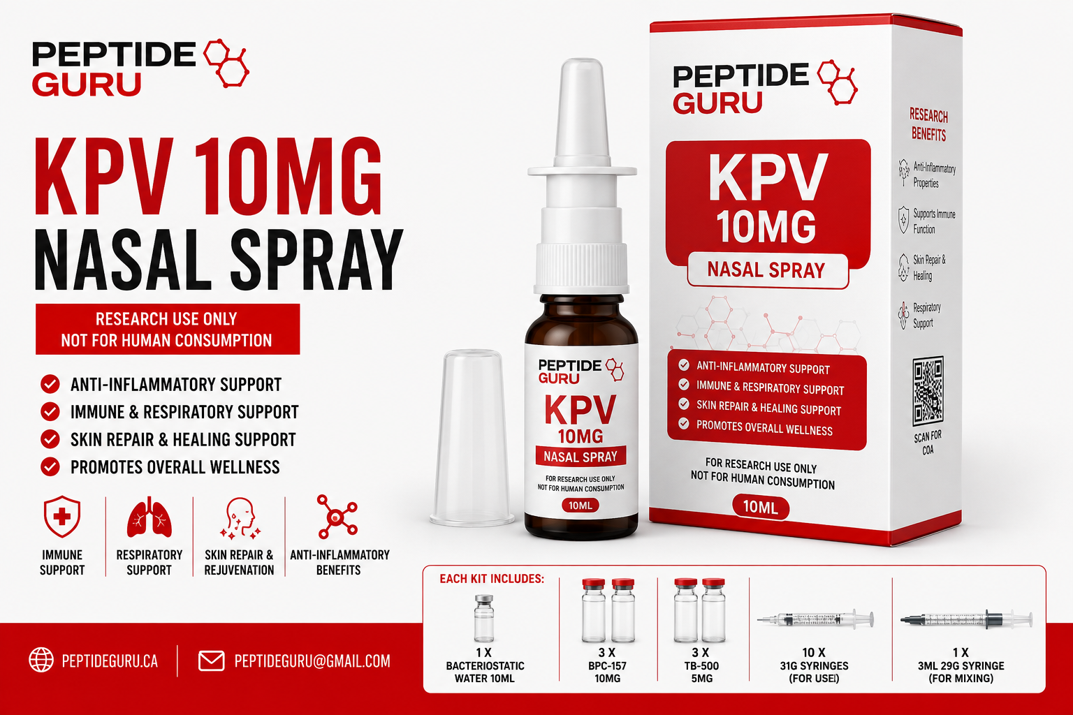 KPV 10mg Nasal Spray — labelled vial of KPV, 10mg / 10ml nasal spray, for laboratory research use only