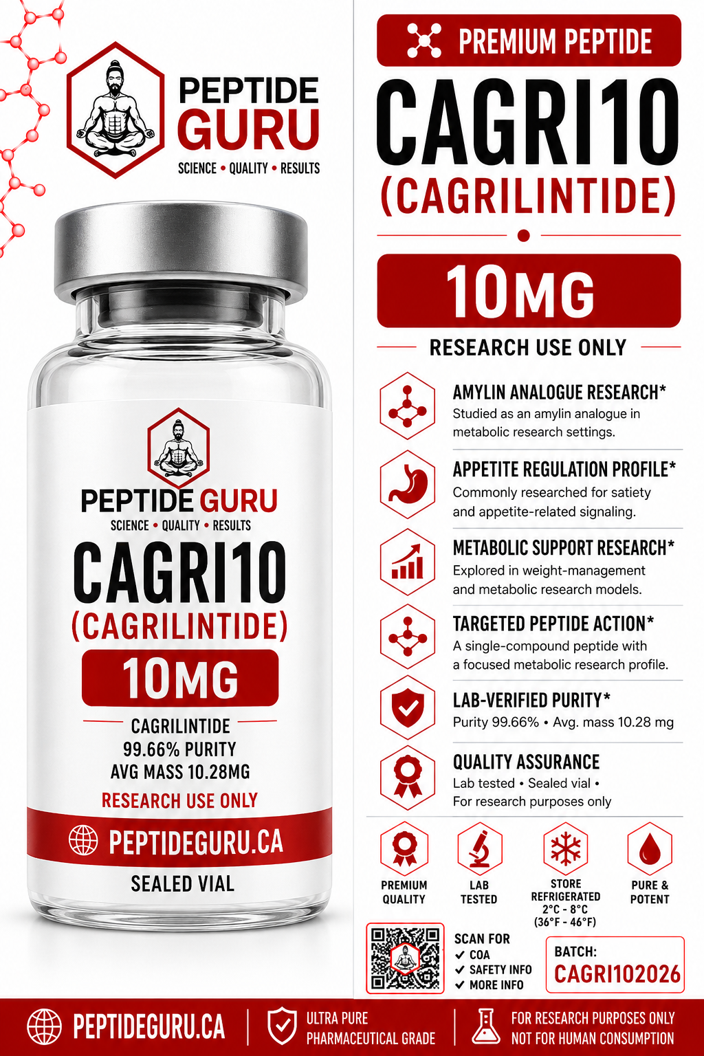 Cagrilintide 10mg — labelled vial of Cagrilintide, 10mg / vial, for laboratory research use only