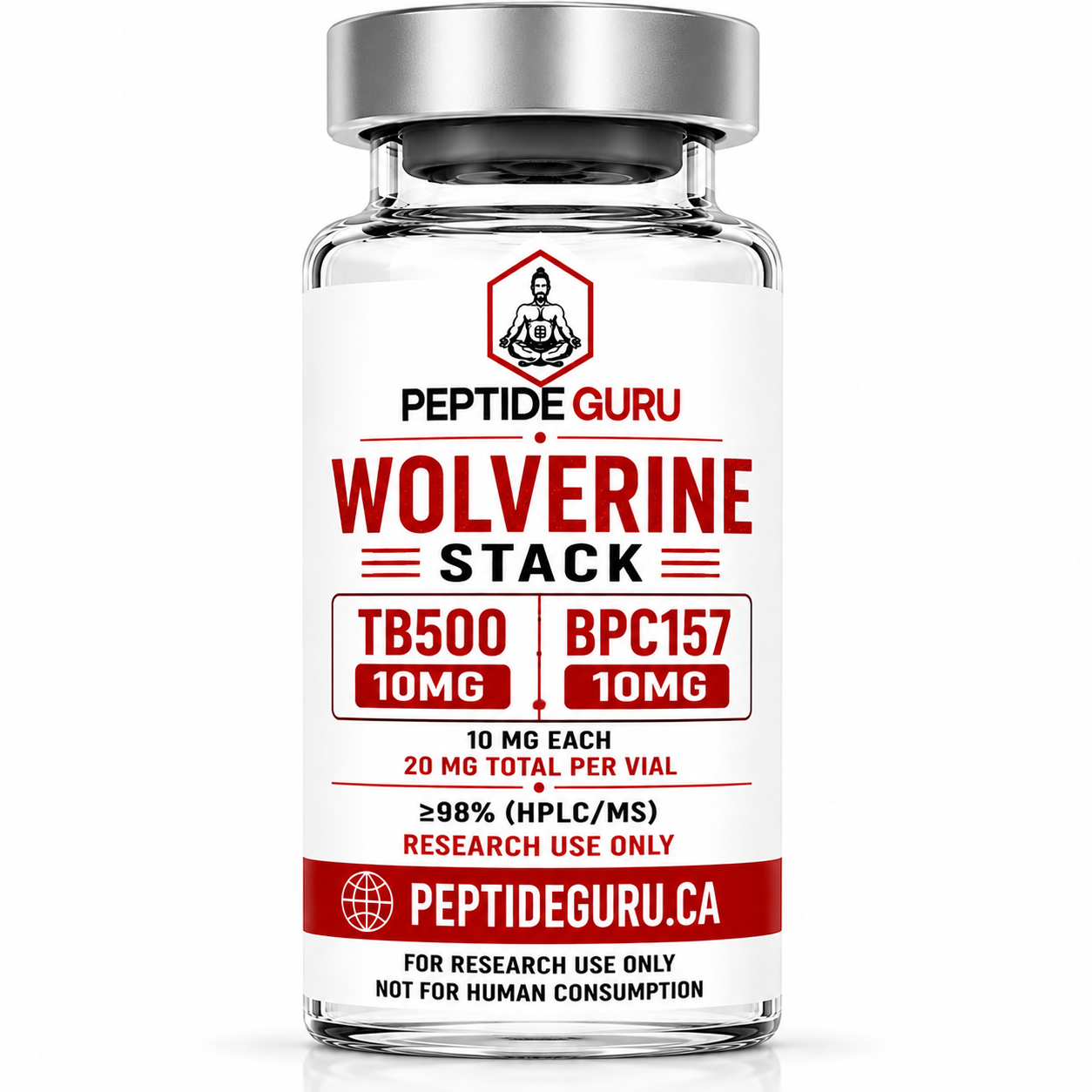 "Wolverine Stack" TB-500 10mg / BPC-157 10mg — labelled vial of TB-500 (Thymosin Beta-4 Acetate) 10mg + BPC-157 10mg (blend), 20mg total / vial (10mg each), for laboratory research use only