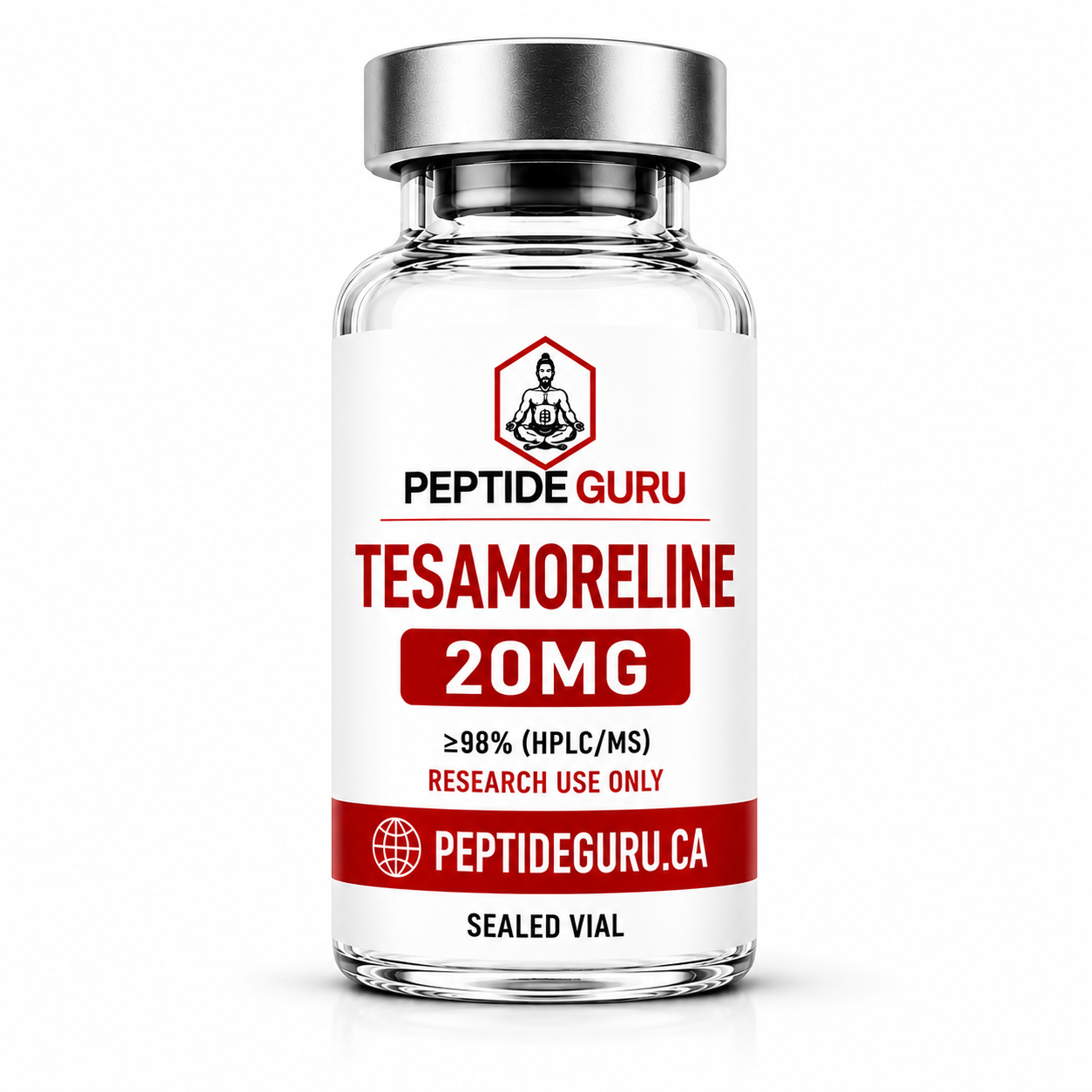 Tesamorelin 20mg — labelled vial of Tesamorelin, 20mg / vial, for laboratory research use only