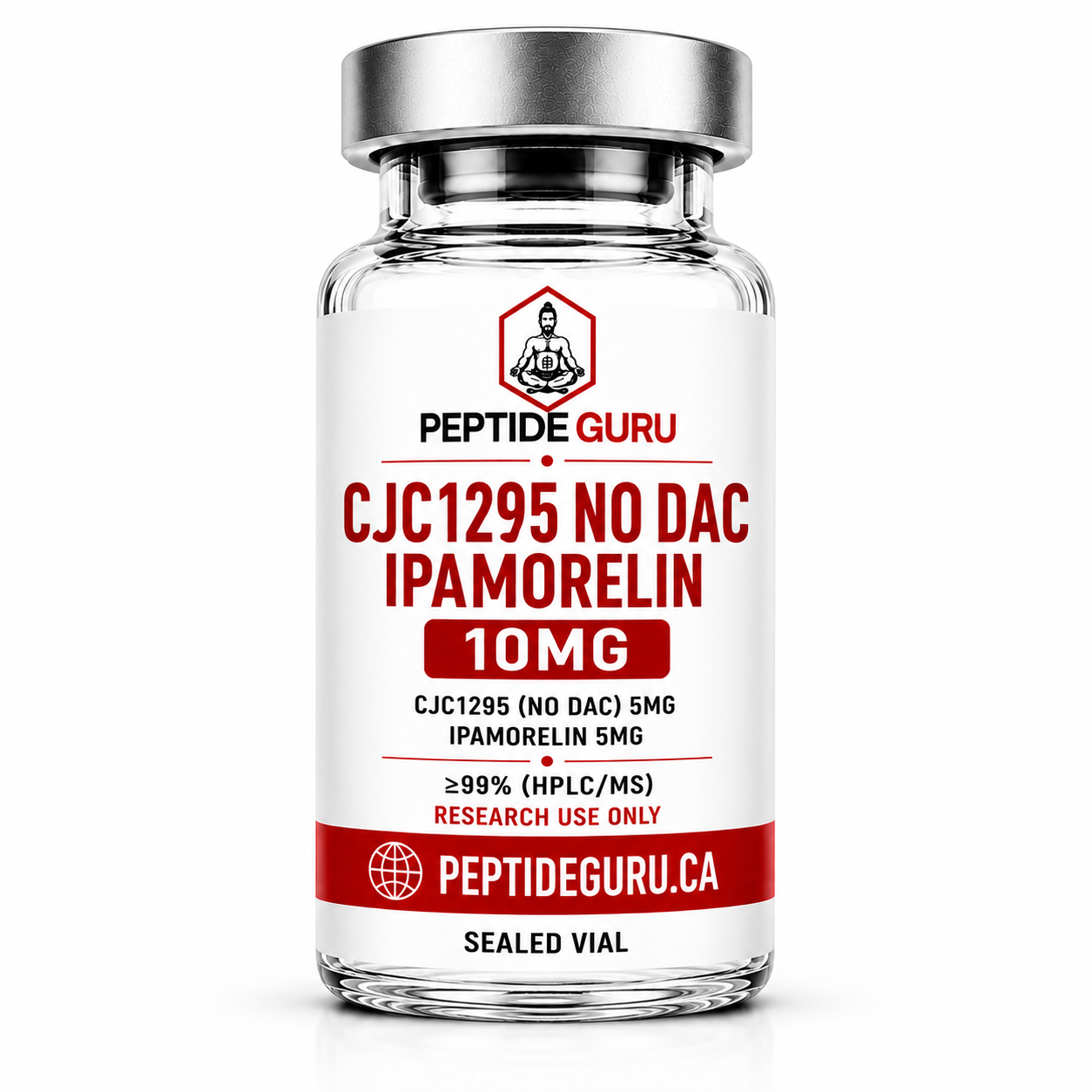 CJC-1295 No DAC / Ipamorelin 10mg — labelled vial of CJC-1295 (No DAC) 5mg + Ipamorelin 5mg, 10mg / vial (5mg + 5mg), for laboratory research use only