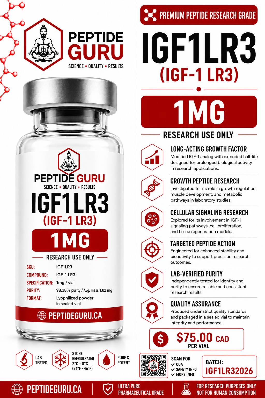 IGF-1 LR3 1mg — labelled vial of IGF-1 LR3, 1mg / vial, for laboratory research use only