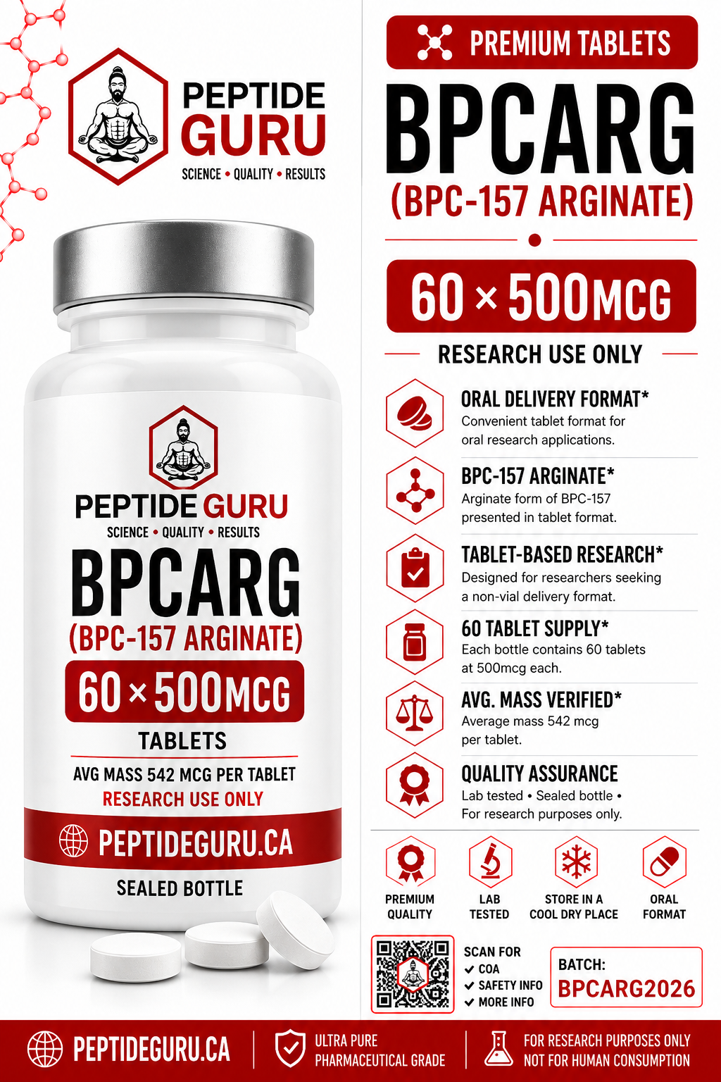 BPC-157 Arginate Tablets — labelled vial of BPC-157 Arginate, 60 tablets × 500mcg, for laboratory research use only