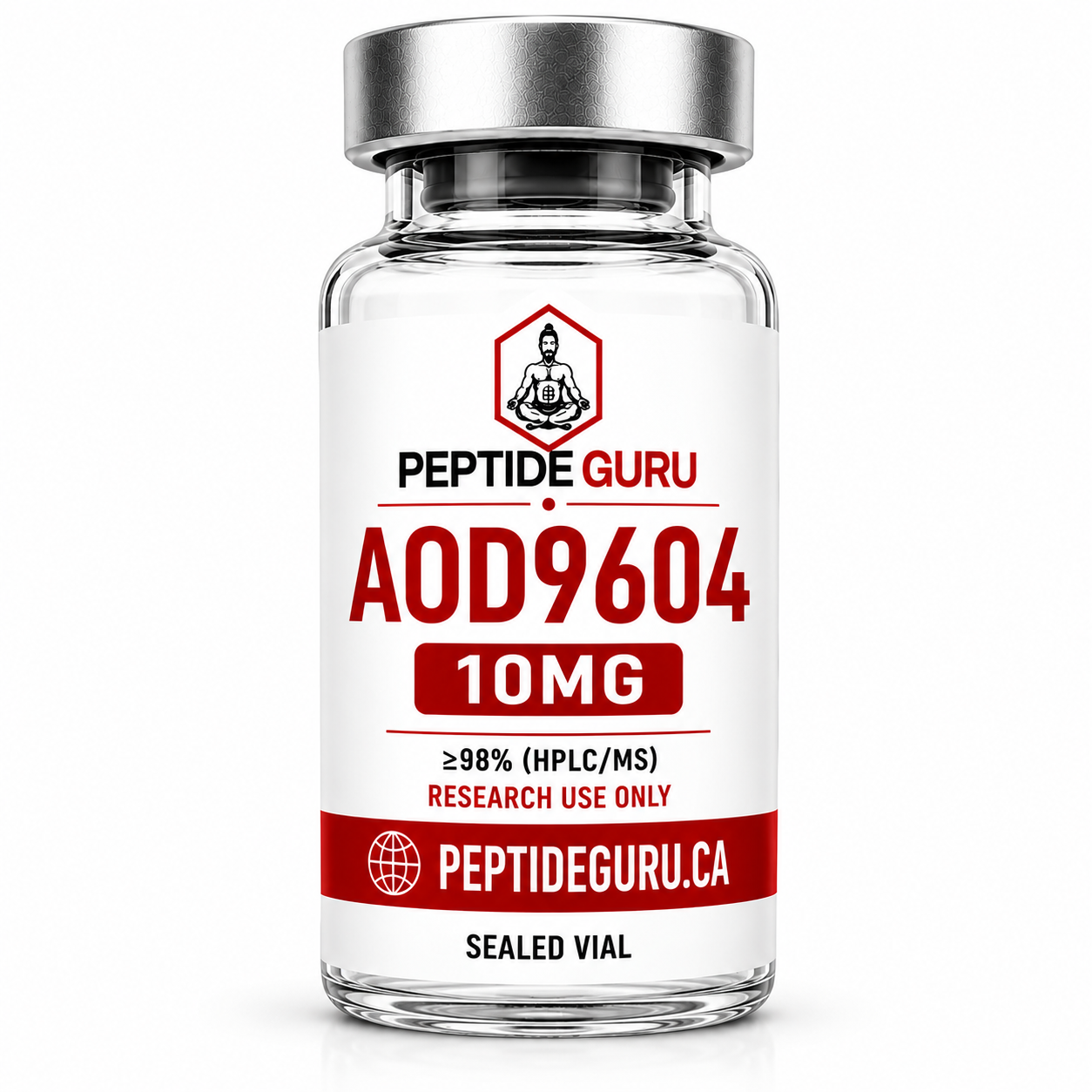 AOD-9604 10mg — labelled vial of AOD-9604, 10mg / vial, for laboratory research use only