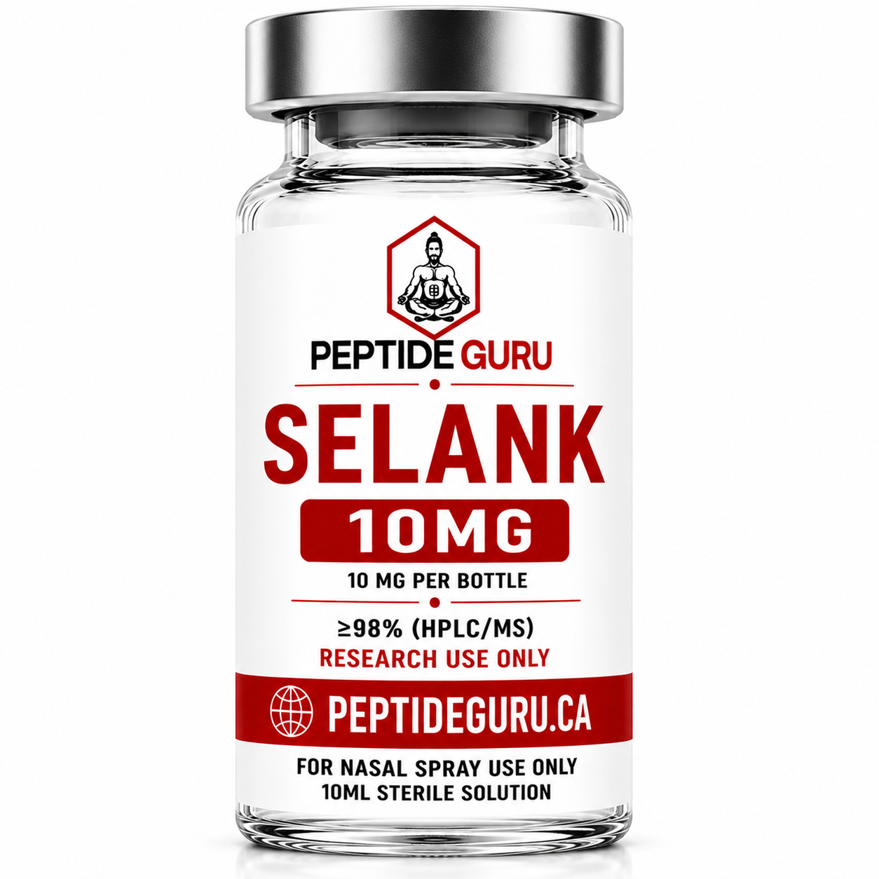 Selank 10mg Nasal Spray — labelled vial of Selank, 10mg / 10ml nasal spray, for laboratory research use only